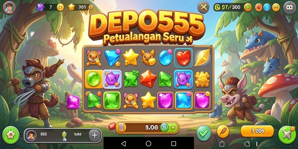 Screenshot DEPO555 menampilkan gameplay match-3 yang seru dan penuh warna.