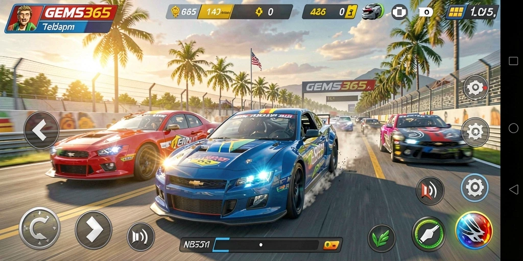 Tampilan gameplay balapan seru di GEMS365 yang memukau.