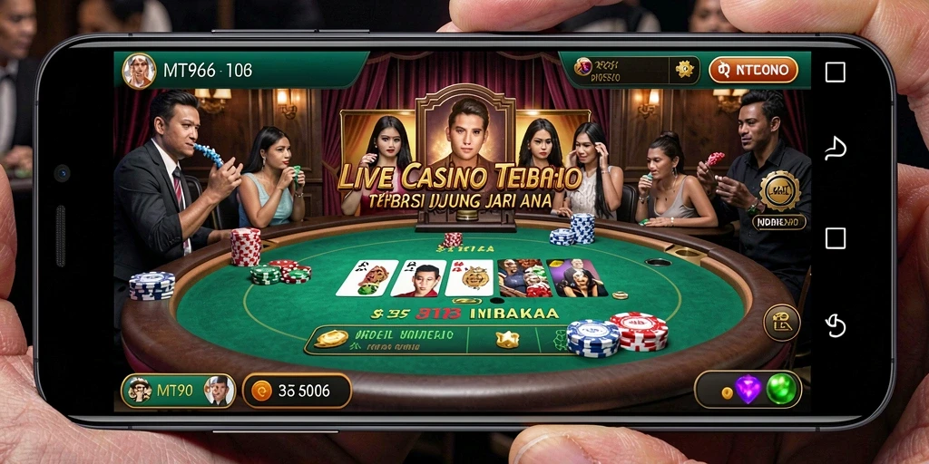 Screenshot gameplay Live Casino MT966 menunjukkan dealer yang ramah dan suasana permainan yang interaktif.