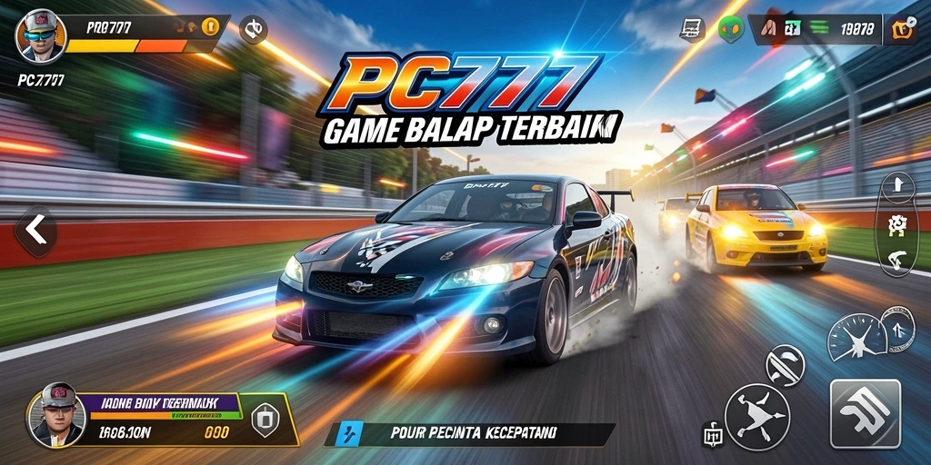 Screenshot utama PC777 menampilkan aksi balap mendebarkan di lintasan.