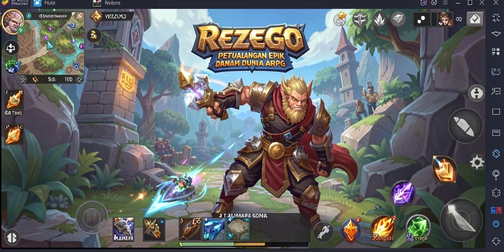 Tangkapan layar gameplay <strong>REZEGO</strong> dengan pertarungan epik dalam dunia yang luas.
